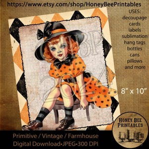 Vintage Halloween Witch Art Print: Retro Whimsical Girl (Digital Download)
