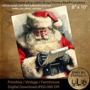 Digital Download, Printable, Decoupage, Primitive, Farmhouse, Craft Supplies, Vintage Santa, Old World Santa, Christmas, Santa&#39;s List, Santa