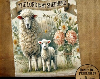 Digital Download, Printable, Decoupage, Primitive, Craft Supplies, Vintage, Rustic, Easter, Lamb, Sheep, The Lord Is My Shepherd, Psalm 23