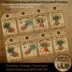 May include: Eight vintage-style printable tags featuring illustrations of carrots and the text "Cottontail's Seed Co.", "Bunny Bait 10c", "Rabbit Bait 10c", and "Bunny Trail Carrot Patch".