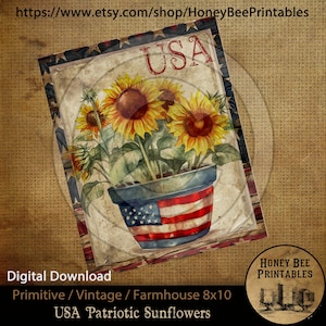 Vintage Primitive Farmhouse Digital Download Printable Sublimation Decoupage Patriotic Americana Flag Sunflowers Flower Pot Floral USA Red