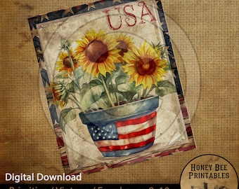 May include: A digital download of a printable 8x10 inch image featuring a patriotic sunflower design. The sunflowers are in a pot painted with the American flag. The image has a vintage, farmhouse style.