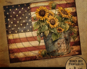 Vintage Primitive Farmhouse Digital Download Printable Sublimation Decoupage Labels Patriotic Grungy American Flag Old Bucket Sunflowers USA