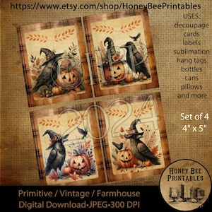 Digital Download, Printable, Decoupage, Primitive, Halloween, witch hat, jack-o-lantern, fall, autumn, cards, labels, tags, Set of 4, 4x5, 1