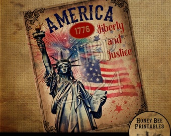 May include: A vintage-style printable featuring a watercolour illustration of the Statue of Liberty with fireworks and the American flag. The text reads "AMERICA 1776 Liberty and Justice".