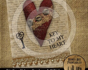 Imprimible de granja vintage primitiva, descarga instantánea, JPEG, 8x10 - Tarjeta de San Valentín con diseño de llave de mi corazón, arte alterado, enmarcarla - Etiquetas