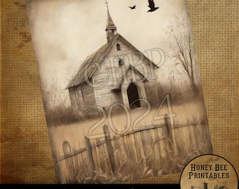 Vintage Farmhouse Digital Download Printable Sublimate Decoupage Primitive Old Shabby White Chapel, Church, Sepia,Sunday, Religious, Crow