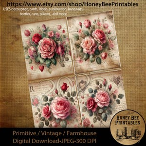 Download digital, arte, imprimível, decoupage, primitivo, vintage, materiais de artesanato, 4x5, rústico, dia dos namorados, rosas, flores, amor, floral, rosa