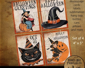May include: Set of four printable Halloween cards featuring vintage illustrations of a witch, a black cat, and a witch on a broomstick. The cards are 4 inches by 5 inches and are perfect for crafting projects like decoupage, card making, and scrapbooking.