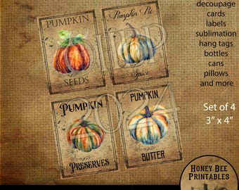 Digital Download, Printable, Decoupage, Vintage, Primitive, Fall, Autumn Pumpkin 3x4 color pantry labels, use for Jars, Cans, Books, wood