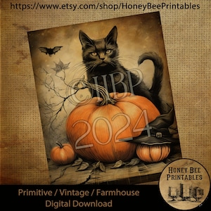 Vintage Digital Download Printable Decoupage Primitive, Fall, Halloween, Spooky Night, Black Cat, Pumpkins, Witch Hat, Bat, Halloween Night