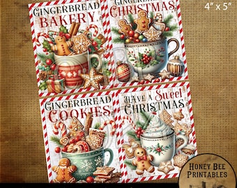 Digital Download, Digital Art, Printable, Decoupage, Primitive, Farmhouse, Craft Supplies, Set of 4, 4x5, Gingerbread, Christmas, Cookies