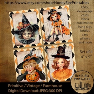 Digital Download, Digital Art, Printable, Decoupage, Vintage, Primitive, Fall, Autumn, Retro Halloween, Witch, Young Witches, Set of 4, 4x5