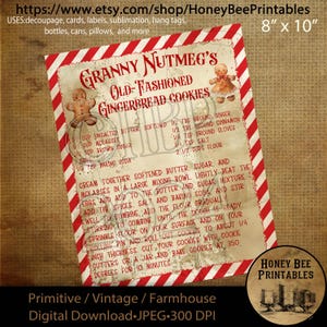Digital Download, Printable, Decoupage, Primitive, Farmhouse, Craft Supplies, Christmas, Gingerbread Cookies Recipe, Gingerbread Man, Ginger