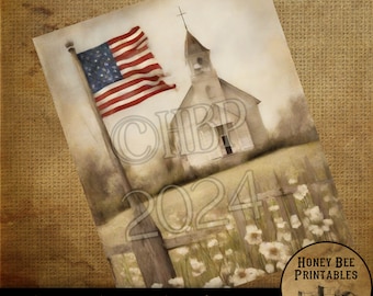 May include: A digital printable featuring a vintage farmhouse scene with a white church, a waving American flag, and a wooden fence. The year 2024 is written in the foreground. The image is in a rustic style with a brown burlap background.