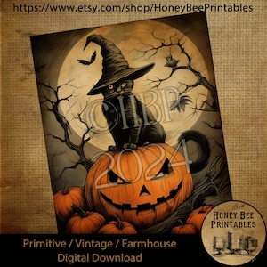 May include: A black cat wearing a witch's hat sits on top of a jack-o'-lantern with a carved face. The background is a dark forest with a full moon and a small owl perched on a branch.