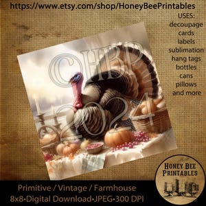 Digital Download, Printable,  Decoupage, Vintage, Primitive, 8x8, Turkey 2, Thanksgiving, Pumpkins, Harvest, Fall, Autumn, Thankful