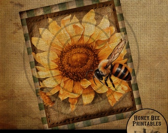 May include: A digital download of a vintage-style sunflower with a bee on it. The image is framed with a burlap and checkered border. The text "Primitive/Vintage/Farmhouse 8x10 Digital Download" is at the bottom of the image. The text "Honey Bee Printables" is in a circle with a beehive image at the bottom right corner.