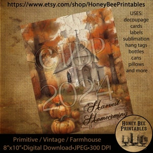 May include: A digital printable design featuring a vintage church with a rustic wooden door, surrounded by fall foliage and pumpkins. The text "Harvest Homecoming 2024" is written in a decorative font. The design is perfect for crafting projects, scrapbooking, and home decor.