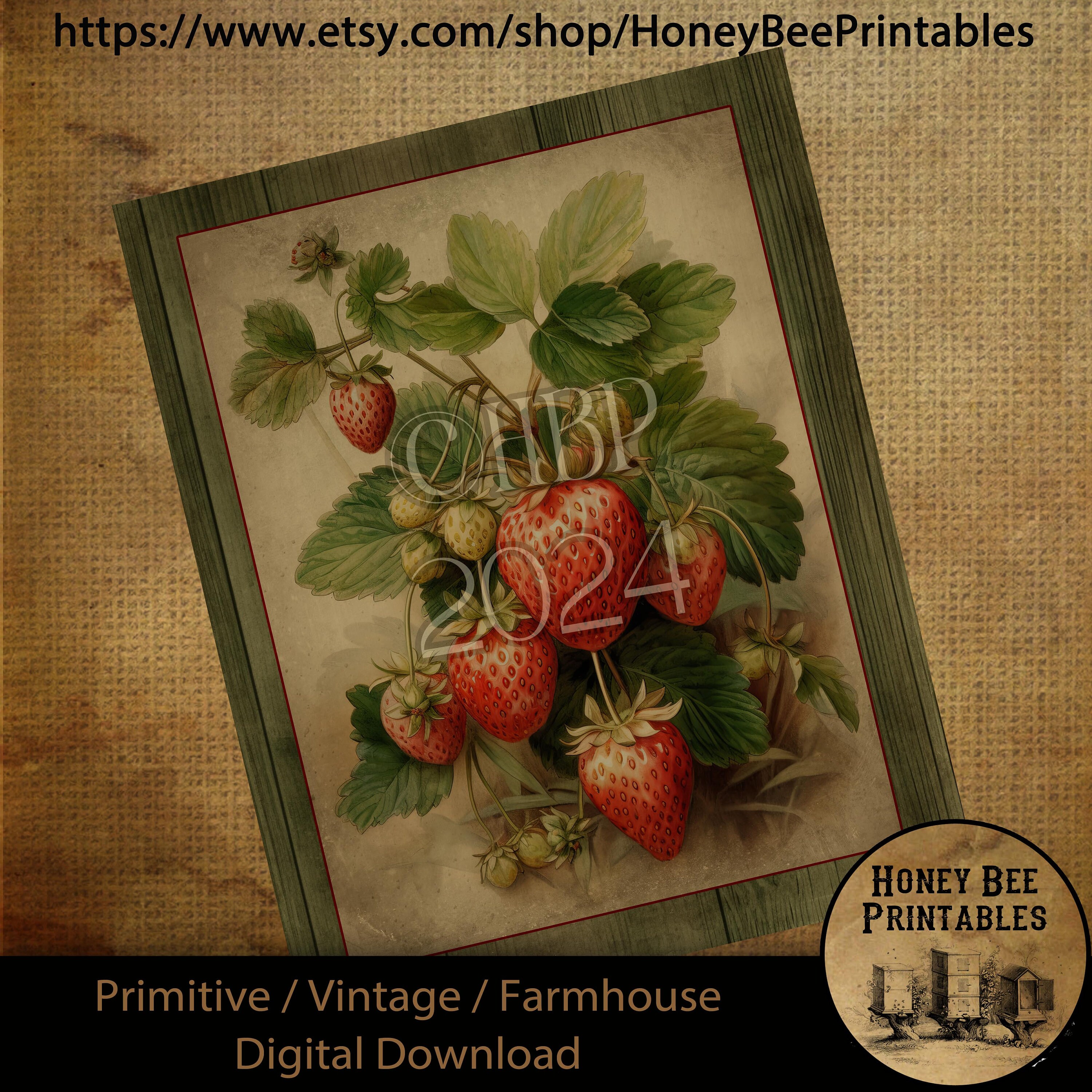 Vintage Primitive Farmhouse Digital Download Printable Sublimation Decoupage Labels, Vintage Strawberries, Bunch of Berries, Country, Wood