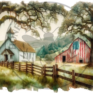 May include: Watercolor painting of a rural landscape featuring a white church and a red barn with an American flag. A wooden fence runs along the foreground, with large trees framing the scene. The artwork evokes a sense of Americana and country life.