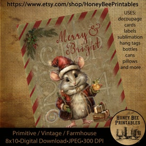 Vintage Primitive Instant Download Printable Decoupage, Vintage Christmas Mouse, Mice, Christmas, Merry and Bright, Cards, Labels, Tags,