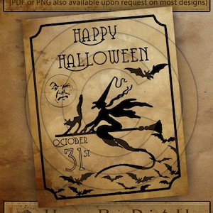 Primitive Happy Halloween Witch Bats-Printable Digital Feedsack Logo JPEG File-Instant Download-Use for Pillows,Bears,Framed Prints,Labels
