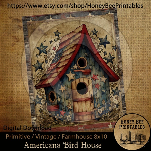 Vintage Primitive Farmhouse Instant Download Printable Sublimation Decoupage 8x10 Labels Patriotic Americana Birdhouse Bird House Birds