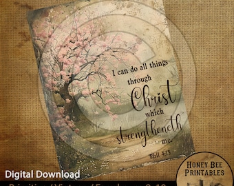 Könnte beinhalten: Ein digitaler Druck mit einem Vintage-Bild eines Baumes mit rosa Blüten und einem Weg, der durch einen Wald führt. Der Text "I can do all things through Christ which strengtheneth me. Phil 4:13" ist über das Bild gelegt.