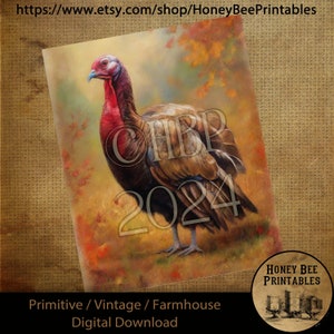 Vintage Digital Download Printable Sublimate Decoupage Primitive, Painting, Fall, Autumn, Watercolor, Beautiful Turkey, Thanksgiving 01