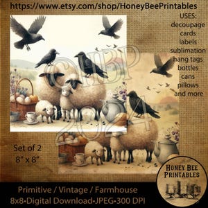 Peut inclure: Ensemble de deux images numériques imprimables de 8x8 pouces représentant une scène de ferme avec des moutons et des corbeaux. Les images sont parfaites pour des projets d'artisanat comme le découpage, les cartes, les étiquettes et plus encore.
