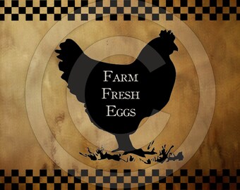 May include: A black silhouette of a chicken with the text "FARM FRESH EGGS" on a brown background with a black and white checkered border.