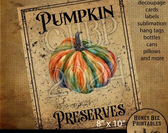 Digital Download, Printable, Decoupage, Vintage, Primitive, Fall, Autumn Pumpkin Preserves pantry labels, use for Jars, Cans, wood, 8x10