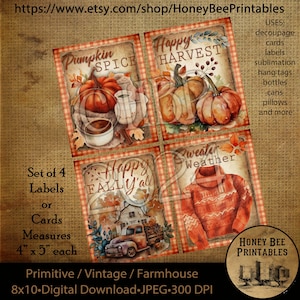 Vintage téléchargement numérique imprimable serviettage primitif, lot de 4 étiquettes ou cartes, automne, automne, citrouilles épicées, pull météo, récolte