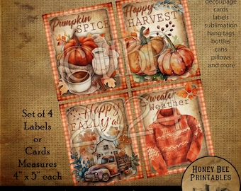 Vintage Digital Download Stampabile Decoupage Primitivo, Set di 4 etichette o biglietti, Autunno, Zucche Spezie, Tempo Maglione, Raccolto