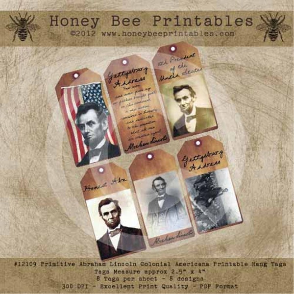 Etichette per borse regalo stampabili Primitive Abraham Lincoln Colonial Americana Civil War / File Jpeg digitale - OFG