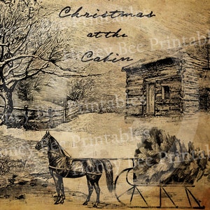 May include: A black and white illustration of a horse pulling a sled full of wood in front of a log cabin. The text "Christmas at the Cabin" is written above the cabin.