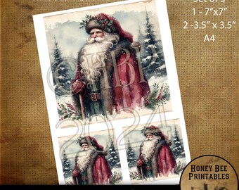 Descarga digital, arte digital, imprimible, decoupage, primitivo, estilo rural, suministros para manualidades, juego de 3, A4, Papá Noel del Viejo Mundo, bosque, 7 x 7, 2 a 3,5