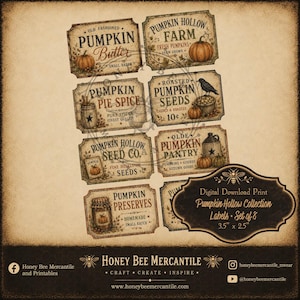 May include: A set of eight vintage-style rectangular labels for the Pumpkin Hollow Collection, each measuring 3.5 inches by 2.5 inches. The labels feature illustrations of pumpkins, jars, and a crow, with text including Pumpkin Butter, Pie Spice, and Preserves.