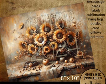 May include: A digital download of a vintage-style painting featuring a basket of sunflowers, apples, and grapes on a wooden table. The image is 8 inches by 10 inches and has a resolution of 300 DPI. The text "HONEY BEE PRINTABLES" is in the lower right corner of the image.