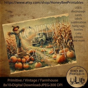 Może przedstawiać: Cyfrowy wydruk w stylu vintage farmhouse. Obraz przedstawia stracha na wróble, dynie i ciężarówkę na polu. Tekst zawiera "2024", "Honey Bee Printables" i sugestie dotyczące użytkowania produktu.