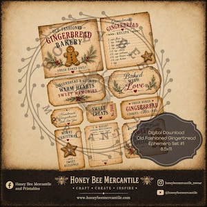 Könnte beinhalten: Ein digitales Ephemera-Set zum Herunterladen mit Etiketten und Anhängern im Vintage-Stil zum Thema Lebkuchen. Die Sammlung enthält eine Rezeptkarte, Bäckereischilder und weihnachtliche Anhänger mit Texten wie Old-Fashioned Gingerbread Bakery.