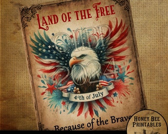 May include: A vintage-style printable featuring a bald eagle with outstretched wings, holding a banner that reads "4th of July". The eagle is surrounded by red, white, and blue stars and fireworks. The text "Land of the Free Because of the Brave" is printed below the eagle. The image has a rustic, farmhouse aesthetic.