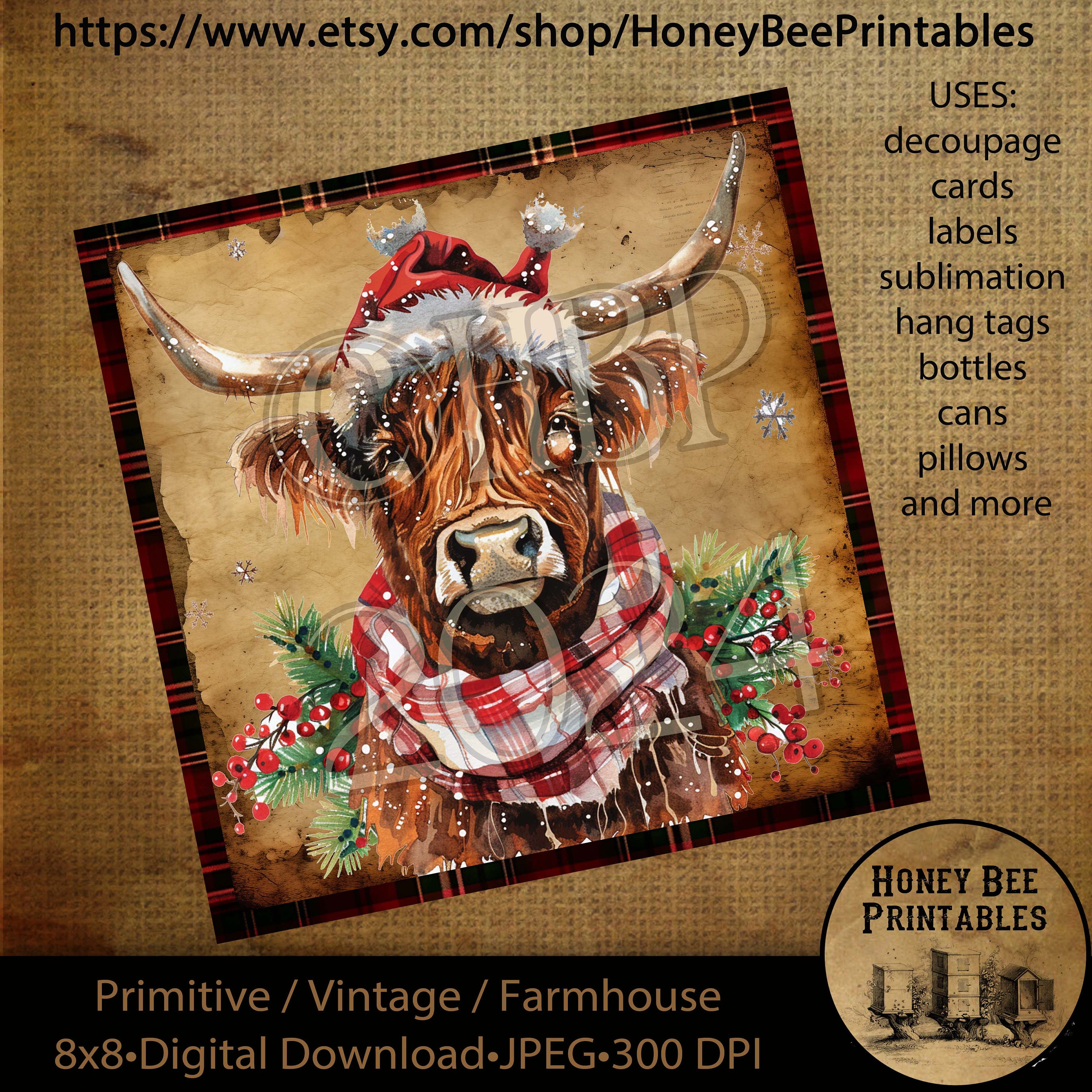 Vintage primitieve Instant Download afdrukbare decoupage, vintage kerst, hooglandkoe met sjaal en bessen, hooglandkoe, kerstkoe