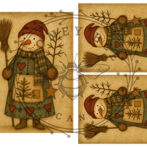 以下が含まれることがあります： 赤い帽子、スカーフ、コートを着た雪だるまのヴィンテージスタイルのイラスト。ほうきと小枝を持っています。雪だるまは、にんじんの鼻、石炭の目、コートに縫い付けられたハートがあります。星と木も描かれています。