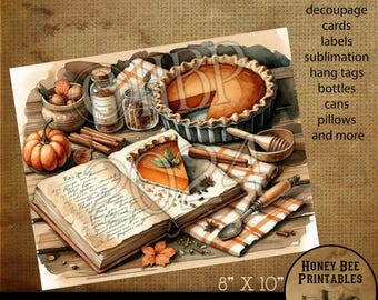May include: Watercolor illustration of a pumpkin pie, open recipe book, and spices. The image includes a pumpkin, cinnamon sticks, and jars of spices. The text reads "Primitive / Vintage / Farmhouse" and "Digital Download". The image is 8" x 10".