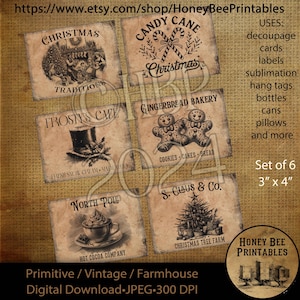 Digital Download, Printable, Decoupage, Vintage, Set / 6, Labels, Primitive Christmas, Gingerbread, Candy Canes, Frosty, S. Claus, Hot Cocoa