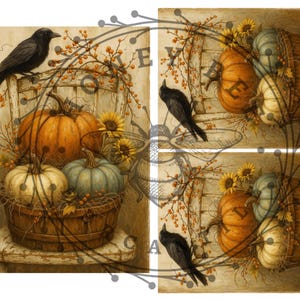 May include: A digital illustration of a rustic autumn scene. A black crow perches on a white chair, overlooking a basket filled with pumpkins, gourds, and sunflowers. The color palette includes orange, green, and brown tones.