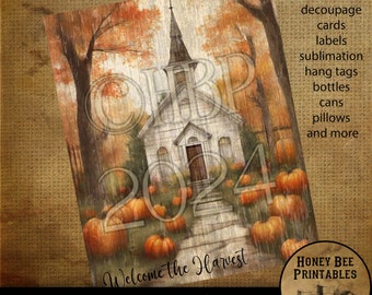 Vintage Primitive Farmhouse Digital Download Printable Decoupage Labels Fall Autumn Old White Church Chapel Trees Welcome the Harvest