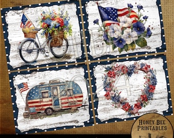 May include: Four digital printable images with a patriotic theme. The images feature a bicycle with a basket of flowers, a heart-shaped wreath, a camper van, and an American flag with flowers. All images have a distressed white wood background with blue and white polka dots.